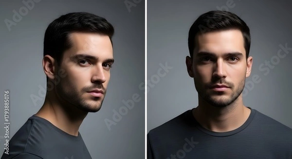Fototapeta Two portraits of a young man with dark hair and a serious expression, set against a neutral gray background, emphasizing facial features and grooming details