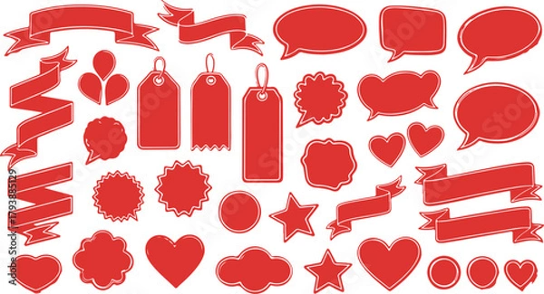 Fototapeta Red Ribbons, Labels, Speech Bubbles, and Hearts with Stitched Outline.  Sale, celebration, and romantic graphic elements