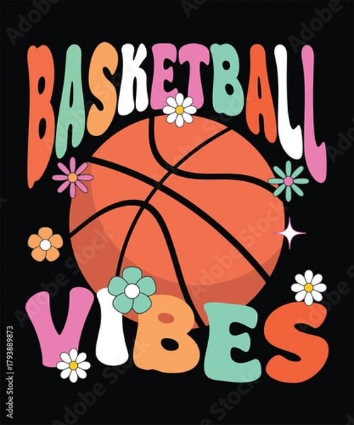 Obraz Groovy Basketball Vibes T-Shirt Design with Daisy Flowers