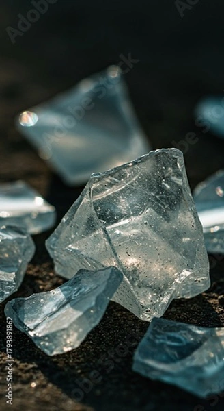 Fototapeta Close-up of aged, milky glass fragments scattered on natural ground, showing weathered textures and subtle iridescence from time ,rustic ,decay ,background