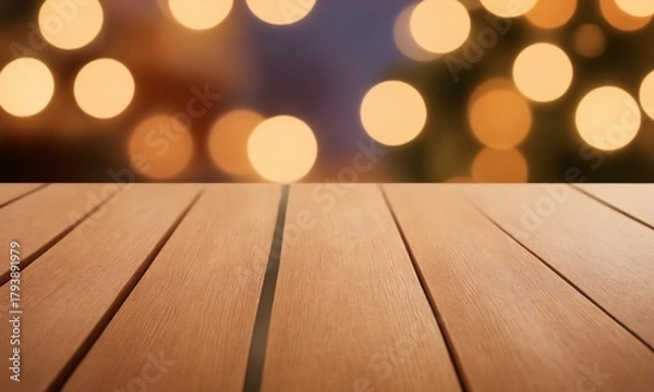 Obraz Warm rustic wooden table surface with soft glowing bokeh lights background creates a cozy, inviting atmosphere perfect for holiday promotions