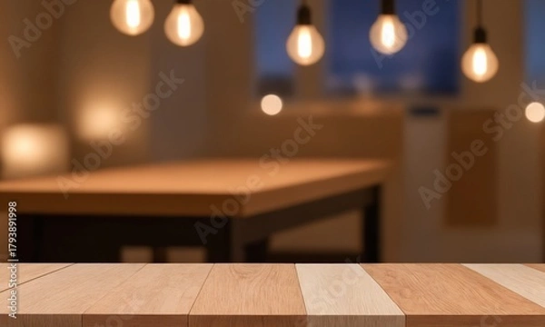 Obraz Warm and inviting room interior with rustic wood table and ambient lighting for product placement or cozy home decor ads, perfect for lifestyle blogs