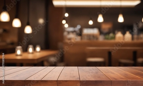 Obraz Warm wooden table invites you into a cozy restaurant atmosphere, the perfect setting for food photography, product placement, or lifestyle promotions
