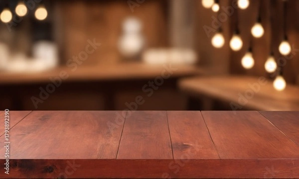 Obraz Warm inviting rustic wooden table surface with blurred cafe background and glowing string lights, perfect for product mockups or lifestyle designs