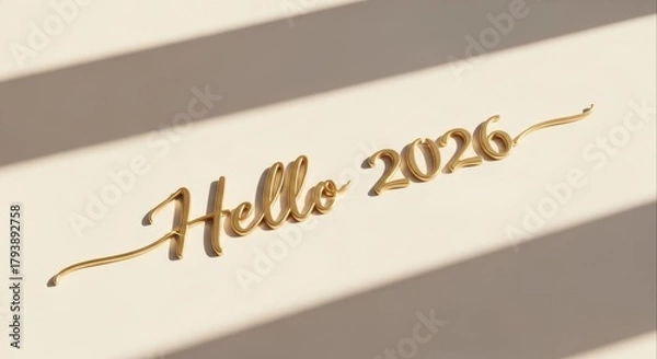 Fototapeta Elegant 3D golden typography spelling out 'Hello 2026' on a minimalist beige background with soft shadows, a modern greeting for the new year