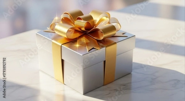 Fototapeta An elegant silver gift box wrapped with a large, shiny golden ribbon bow, presented on a marble surface for a special holiday or celebration of love
