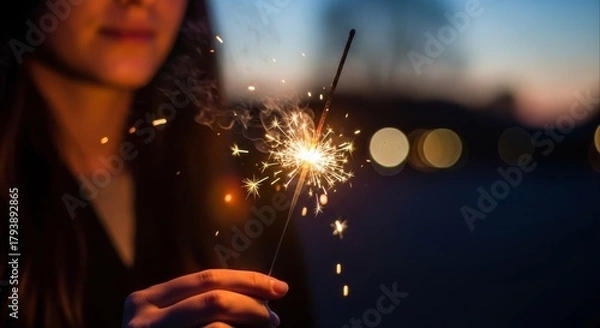 Fototapeta Celebrating a special holiday event with a single burning sparkler held by a woman at dusk, creating a warm and magical glow against the night sky