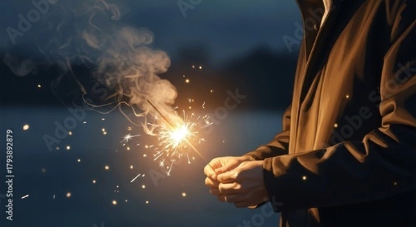 Obraz A person in a dark coat holds a brightly burning sparkler, celebrating a festive occasion with glowing golden pyrotechnics on a cool evening