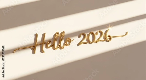 Fototapeta Elegant gold script saying 'Hello 2026' on a minimalist beige background with diagonal window light shadows creating a sophisticated New Year celebration concept