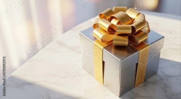 Obraz A luxurious silver gift box with a shiny gold ribbon bow sitting on a white marble table in the sunlight, a perfect present for a special occasion