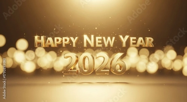Fototapeta Elegant Happy New Year 2026 banner featuring shimmering gold 3D text. A festive and luxurious design for holiday greetings with a magical bokeh light background