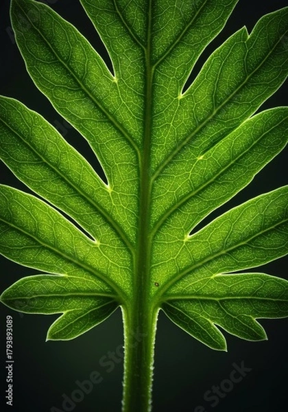 Fototapeta Close-up of a fresh, vibrant green herbage leaf, showcasing its intricate natural texture and delicate veins, symbolizing growth and health ,life ,vitality ,gardening