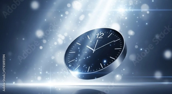 Fototapeta A sleek, modern clock is magically suspended in a brilliant celestial spotlight, surrounded by sparkling dust motes on a dark, abstract backdrop