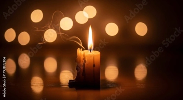 Fototapeta A solitary burning candle casts a warm, peaceful glow in the darkness, with dripping wax and a trail of smoke against a beautiful bokeh background