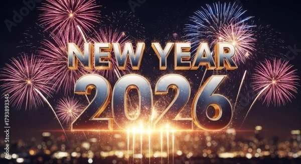 Fototapeta A vibrant display of colorful fireworks illuminates the night sky over a glittering cityscape, heralding the arrival of a happy and prosperous 2026