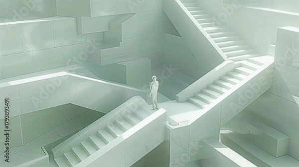 Obraz Person standing in vast white minimalist maze. Abstract architectural concept of challenge, decision-making, and future path.