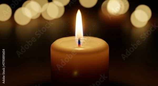 Fototapeta A solitary candle burning brightly provides a serene glow of warmth and light in the darkness, a poignant symbol of hope, contemplation, spiritual peace, and solemn remembrance