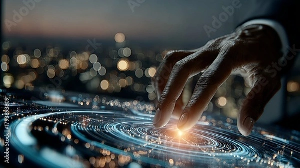 Obraz Businessman's hand touching futuristic data interface: analyzing global strategy and innovation, glowing circles, city skyline background.