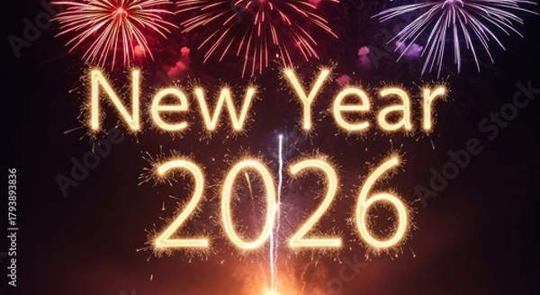 Fototapeta Sparkling golden text announcing the arrival of New Year 2026 against a backdrop of vibrant, exploding fireworks in the dark evening sky, a symbol of festive holiday
