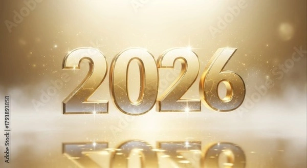 Fototapeta Golden 2026 text with sparkling glitter and smoke on a reflective surface, symbolizing a new year celebration. Elegant design for a festive event or future announcement