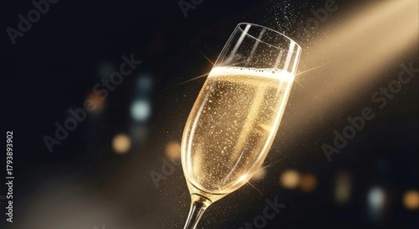 Fototapeta An elegant tilted flute of sparkling golden wine with effervescent bubbles rising, symbolizing a luxurious toast and celebration on a glamorous dark bokeh background