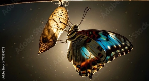 Obraz A butterfly emerging from a chrysalis with detailed wings and vibrant colors, symbolizing transformation and natural beauty in close-up macro photography