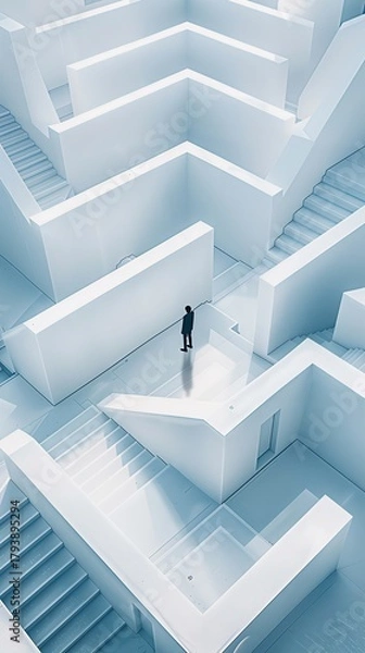 Obraz Businessman in vast white minimalist maze. Abstract architectural concept of challenge, decision-making, and future path.