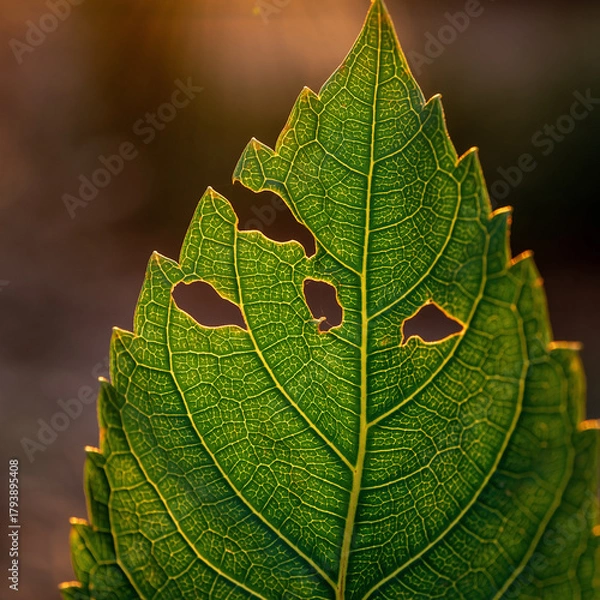 Obraz A detailed macro shot of a vibrant green leaf with holes, backlit by the warm golden hour sunlight.