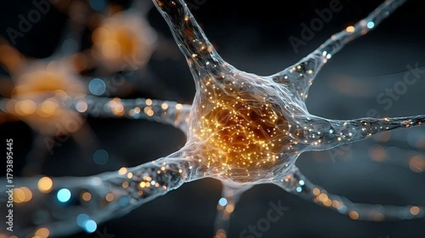 Obraz Digital neuron close-up, illustrating AI, neural network, and brain activity concepts. Glowing data signals for science or technology background.