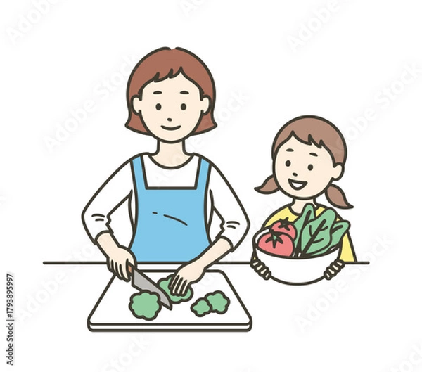 Obraz 野菜を切るお母さんと手伝いをする女の子の上半身イラスト