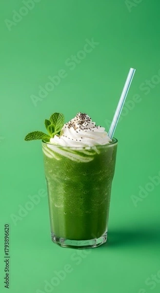 Fototapeta A vibrant green smoothie topped with whipped cream, chocolate sprinkles, and fresh mint leaves against a matching green background