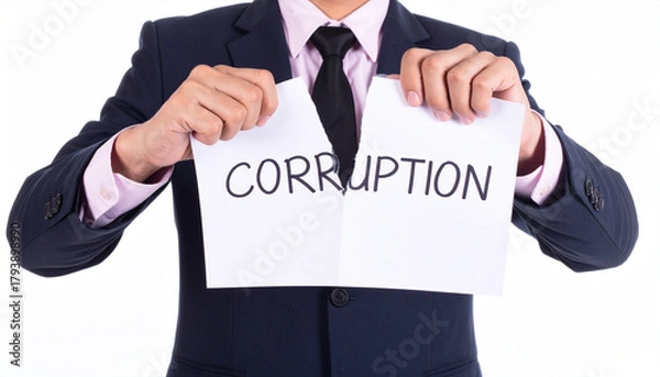 Fototapeta Businessperson Rips Paper Showing Corruption Text, Symbolizing Anti-Corruption Efforts and Transparency in Business