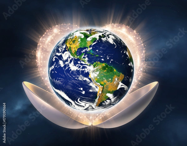 Obraz A glowing Earth globe held in cupped hands, surrounded by a sparkling heart-shaped aura, representing environmental protection.
