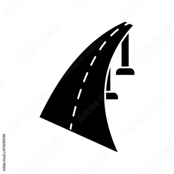 Obraz Curved Road and Bridge Overpass Line Art Icon minimalist black outline vector icon representing transportation infrastructure, highway travel, or an elevated road. The design shows a curved road or hi