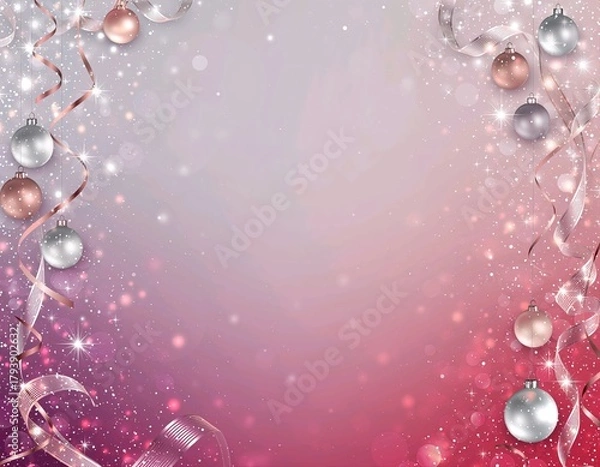 Fototapeta Aesthetic pink Christmas background with glitter sparkles and rose-gold ornaments in dreamy style