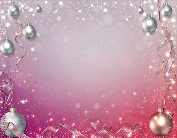 Fototapeta Aesthetic pink Christmas background with glitter sparkles and rose-gold ornaments in dreamy style