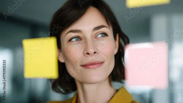 Obraz Confident businesswoman brainstorming with colorful sticky notes, smiling and looking inspired in modern office, creative planning and innovative thinking concept