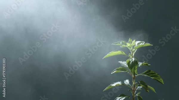 Obraz Single green plant illuminated by sunbeam with visible vapor against dark background, creating serene and hopeful atmosphere, highlighting nature and growth
