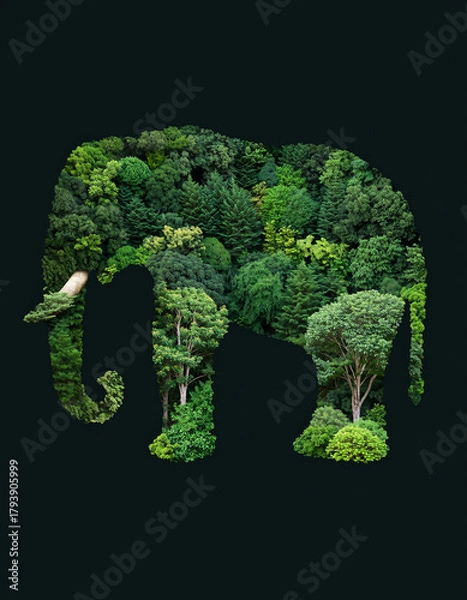 Fototapeta An elephant silhouette filled with lush green trees and foliage, symbolizing nature and conservation.
