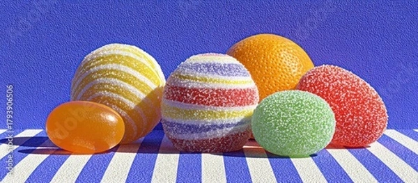 Obraz Colorful candy and a citrus fruit arranged on a striped surface