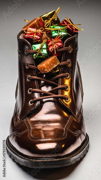 Obraz A polished brown leather boot stuffed to the brim with an assortment of colorful, foil-wrapped candies and small gifts.
