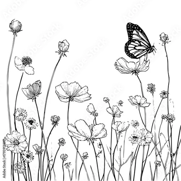 Obraz Butterfly and cosmos flowers line art drawing vector illustration nature garden floral design element for print 100