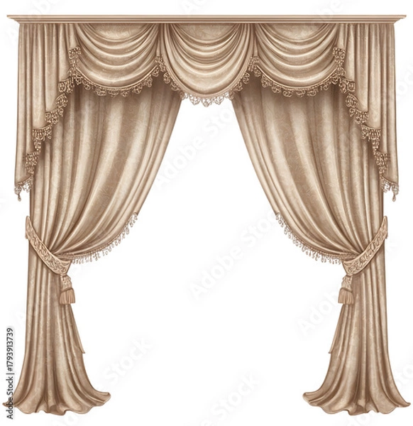 Obraz Elegant beige velvet curtains with ornate trim frame a dark background.