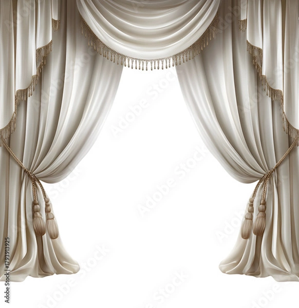 Fototapeta Elegant cream curtains with decorative trim drape gracefully.