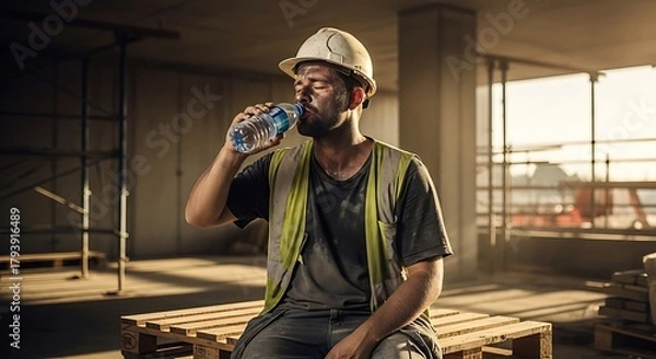 Fototapeta A construction worker taking a refreshing water break during a sunny day.
