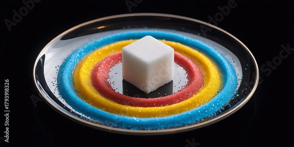 Obraz Vibrant sugar art on a plate with a single white cube, a playful confectionery concept for desserts, baking, and food photography projects that pops