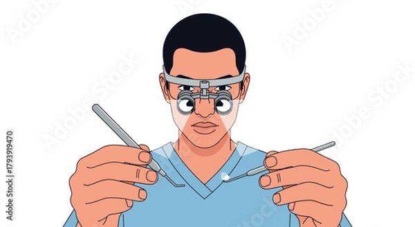 Obraz A male dentist wearing magnifying loupes and scrubs holds dental instruments, looking from the patient's point of view.