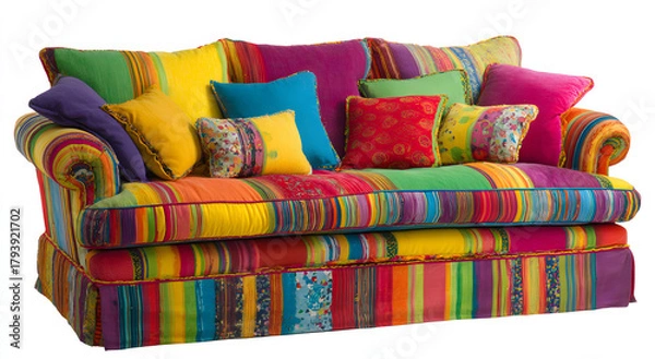 Fototapeta Brightly colored couch adorned with numerous patterned and solid accent pillows.