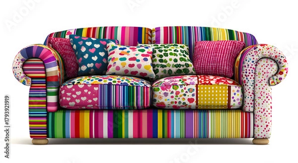 Obraz Colorful patchwork sofa with vibrant patterns and multiple cushions.