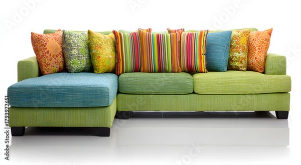 Obraz Brightly colored sectional sofa with patterned throw pillows.